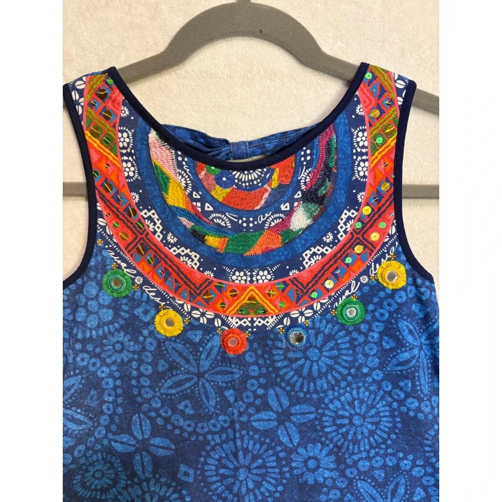 Desigual Uagadugu Girls Blue Mandala Embroidered Mirror Ruffle Dress Size 9/10